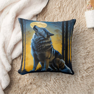 Moonlit Wolf Howling at Dusk. Cushion