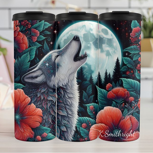 Moonlit Wolf Howling Floral Night Thermal Tumbler (Creator Uploaded)