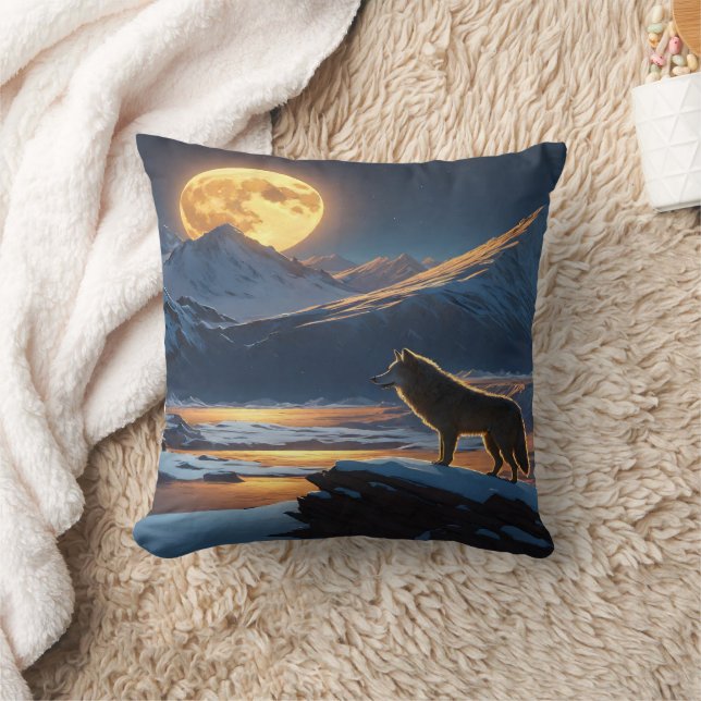 Moonlit Wolf Howls on Snowy Mountain Ridge Cushion (Blanket)