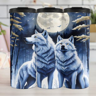 Moonlit Wolves in Silent Forest. Thermal Tumbler