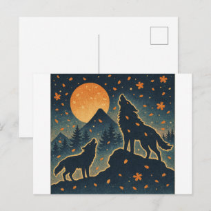 Moonlit Wolves & Mount Fuji – Japanese Night Art  Postcard