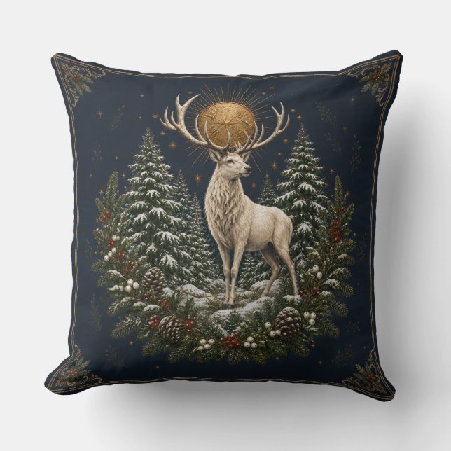 Moonlit Yule White Stag Winter Throw Pillow (Front)