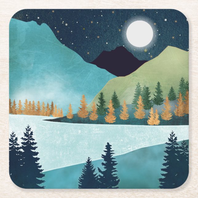 Moonrise Lake Square Paper Coaster (Front)