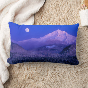 Moonrise Over Mt. Hood Oregon in Winter Lumbar Cushion
