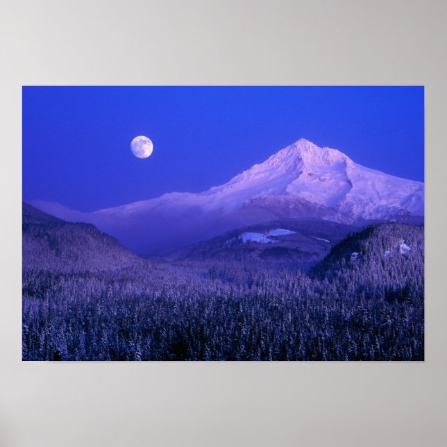 Moonrise over Mt Hood winter, Oregon Poster (Front)
