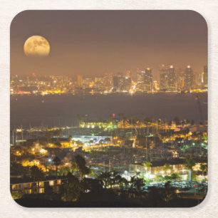Moonrise over the San Diego skyline Square Paper Coaster