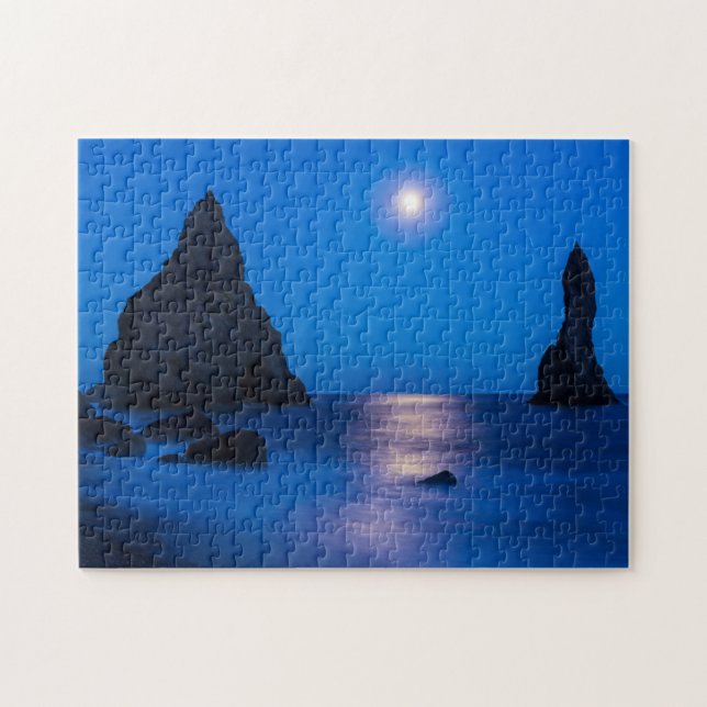 Moonrise Reflection | Iceland, Reynisdrangur Jigsaw Puzzle (Horizontal)