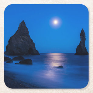 Moonrise Reflection Iceland, Reynisdrangur Square Paper Coaster