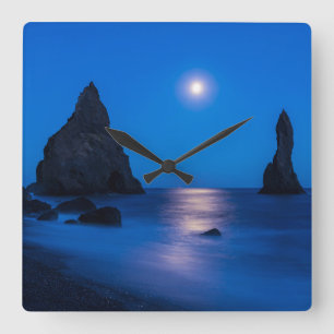 Moonrise Reflection Iceland, Reynisdrangur Square Wall Clock