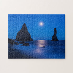 Moonrise reflection on ocean and sea stacks jigsaw puzzle