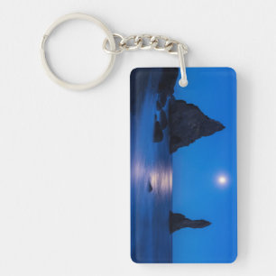 Moonrise reflection on ocean and sea stacks key ring