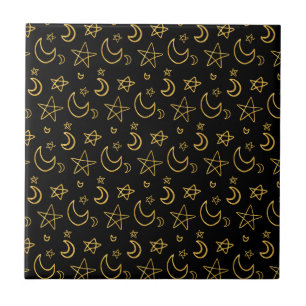 Moons and Stars Gold Pattern Ceramic Tile