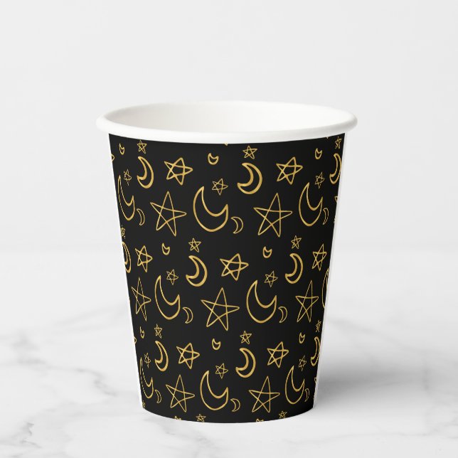 Moons and Stars Gold Pattern Paper Cups (Front)