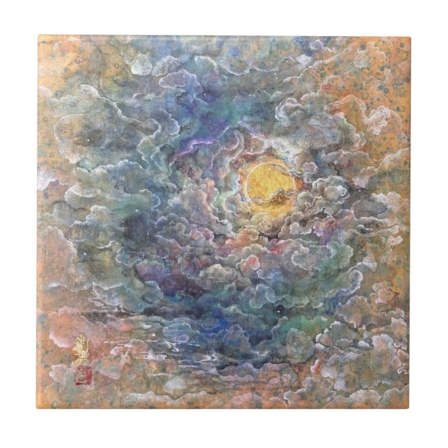 Moon's Ethereal Journey Through the Clouds Ceramic Tile (Front)