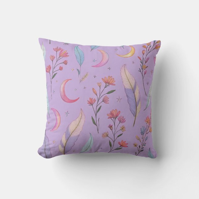 Moons, Flowers and Feathers Pastel Purple  Cushion (Front)