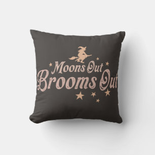 Moons Out Brooms Out Grey Halloween Cushion