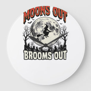 Moons Out Brooms Out Vintage Halloween Witch Desig Large Clock