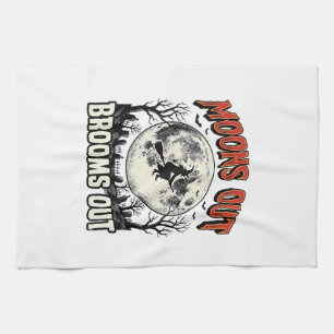 Moons Out Brooms Out Vintage Halloween Witch Desig Tea Towel