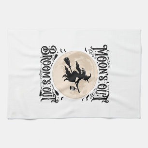 Moons Out Brooms Out Witch Halloween Tea Towel