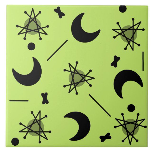 Moons & Stars Atomic Era Abstract Chartreuse Green Ceramic Tile (Front)