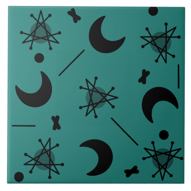 Moons & Stars Atomic Era Abstract Teal Ceramic Tile (Front)