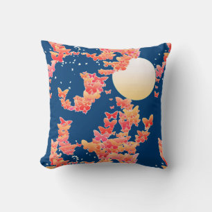 Moonscape with butterflies - coral, teal blue cushion