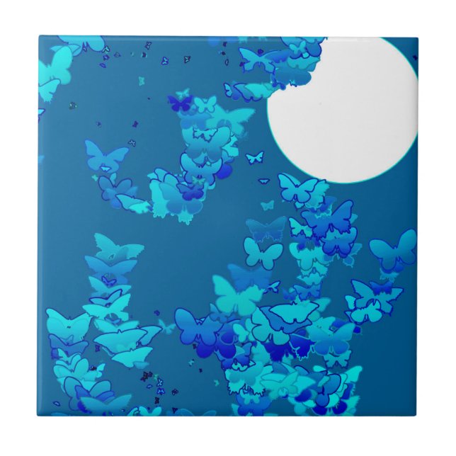 Moonscape with butterflies - deep blue ceramic tile (Front)