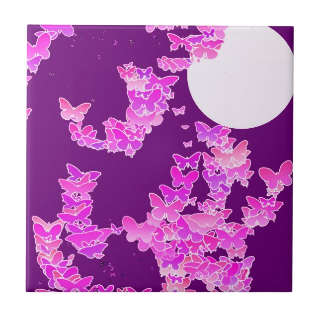 Moonscape with butterflies - orchid, amethyst ceramic tile (Front)