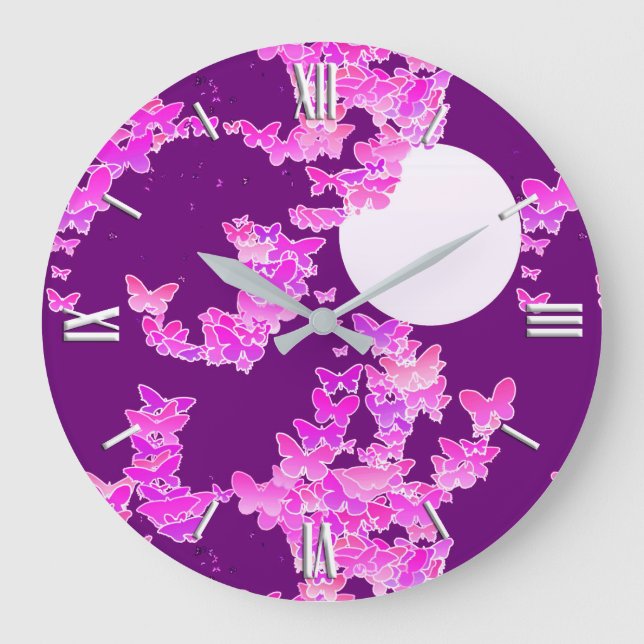 Moonscape with butterflies - orchid, amethyst large clock (Front)