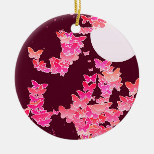 Moonscape with butterflies - pink, burgundy ceramic ornament