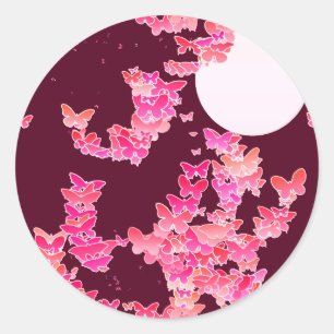 Moonscape with butterflies - pink, burgundy classic round sticker