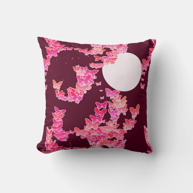 Moonscape with butterflies - pink, burgundy cushion (Front)