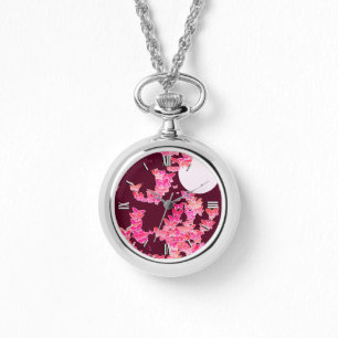 Moonscape with butterflies - pink, burgundy watch