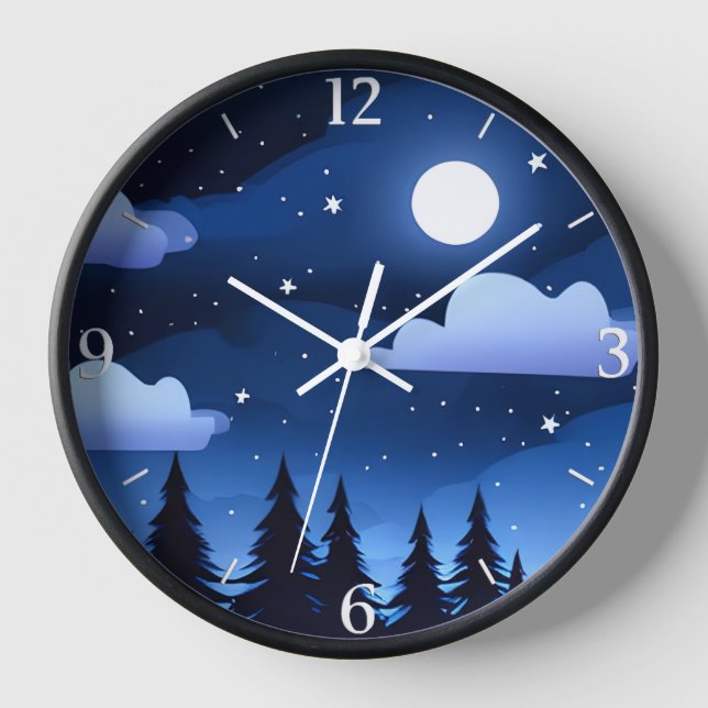 Moonscape with Stars & Pine Trees  Clock (Front)