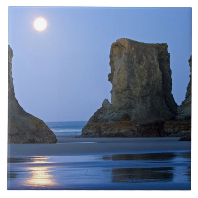 Moonset, Bandon Beach, Oregon. Ceramic Tile (Front)