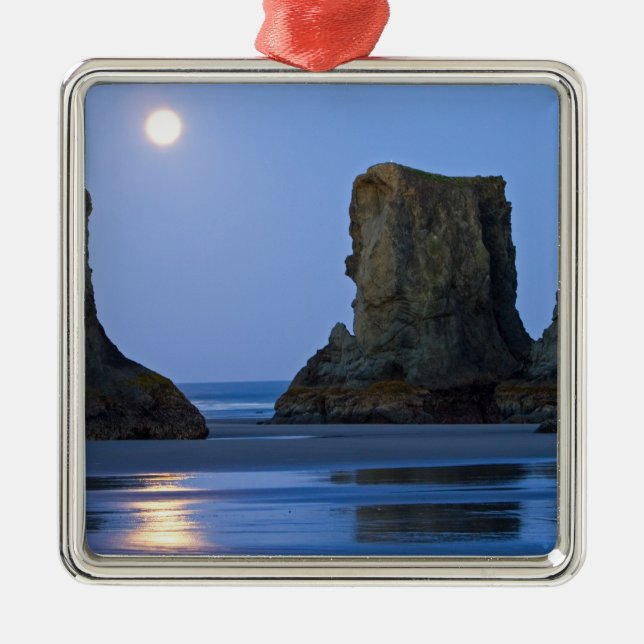 Moonset, Bandon Beach, Oregon. Metal Ornament (Front)