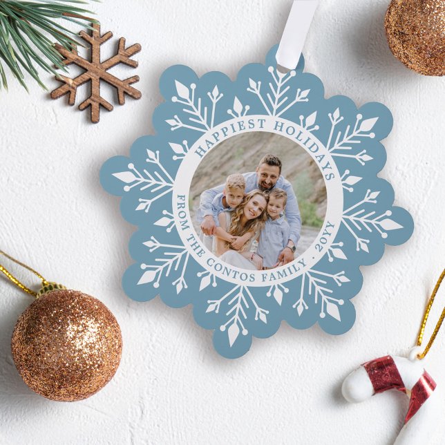 Moonstone Blue Snowflake Happy Holidays Photo Tree Decoration Card (Creator Uploaded)