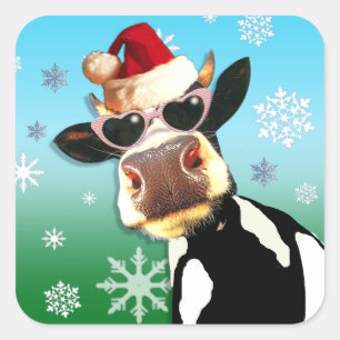 Moooootiful Christmas Cow Santa Hat Square Sticker