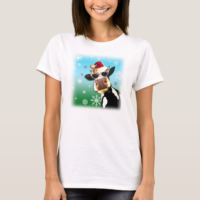 Moooootiful Christmas Cow Santa Hat T-Shirt (Front)
