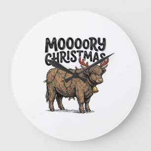 Moooory Christmas Highland Cow Vintage Engraving T Large Clock