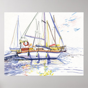 Moored Sailboats and Reflections Watercolor Poster