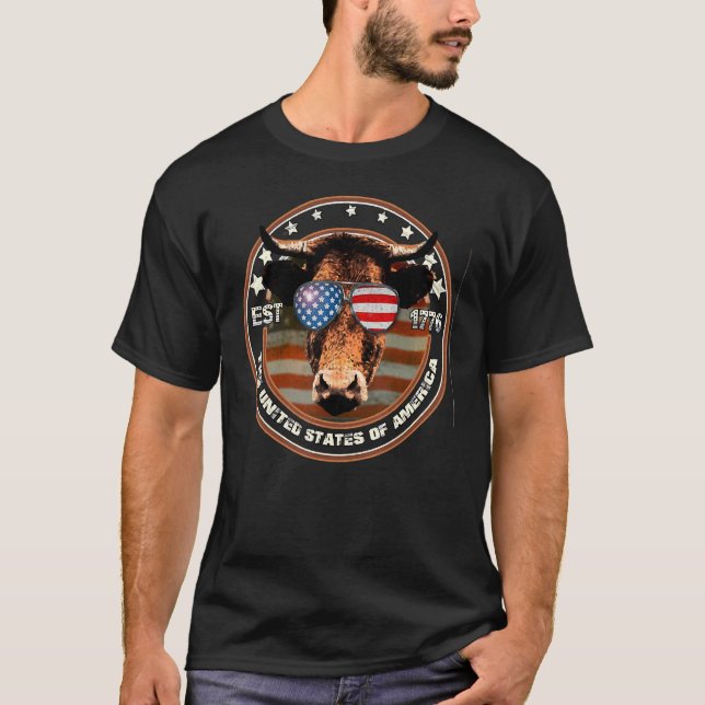 Moorica 1776 Patriotic Merica Highland Cow 4th Jul T-Shirt (Front)