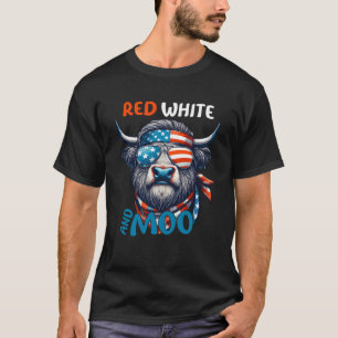 Moorica Highland Cow Blue White and Red 4th Of Jul T-Shirt