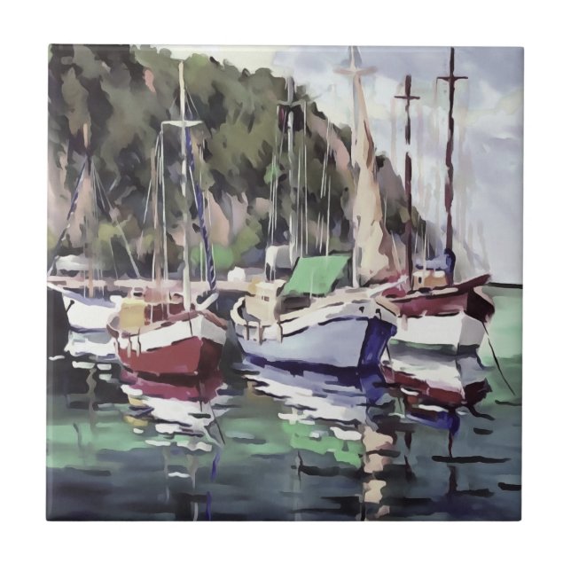 Mooring At Turunc Gulet Sailboat Acrylic Art Ceramic Tile (Front)