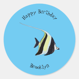 Moorish idol fish cartoon illustration classic round sticker