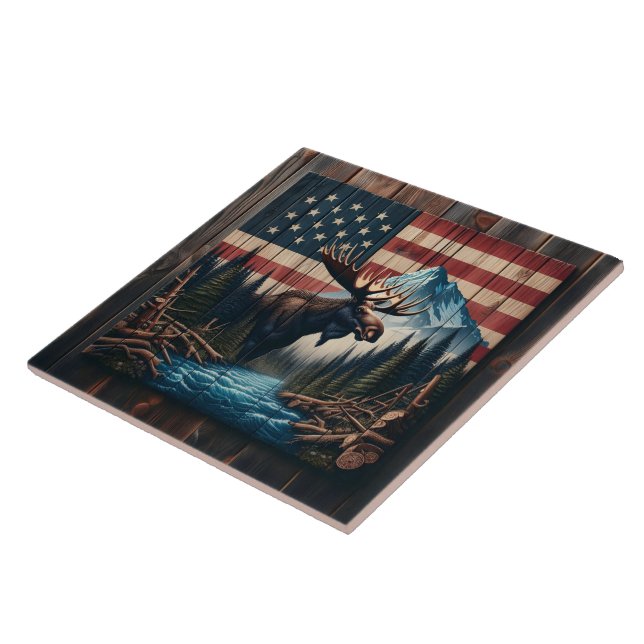 Moose Against American Flag and Mountain Landscape Ceramic Tile (Side)