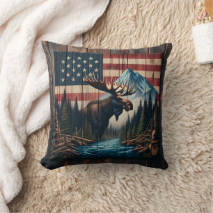 Moose Against American Flag and Mountain Landscape Cushion
