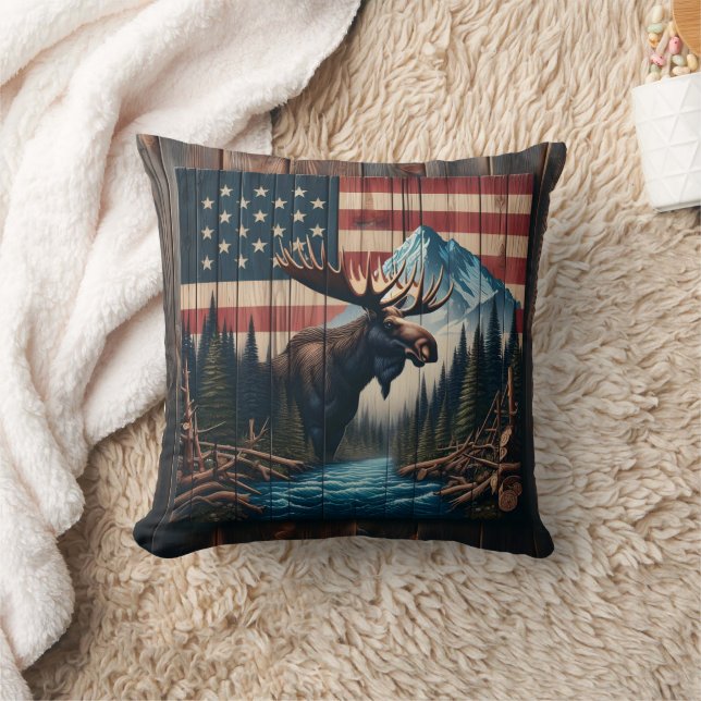 Moose Against American Flag and Mountain Landscape Cushion (Blanket)