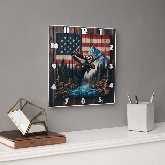 Moose Against American Flag and Mountain Landscape Square Wall Clock (Office)