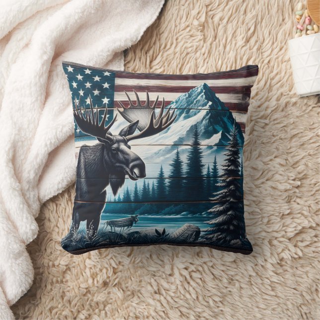 Moose Against Mountain and Flag Background Cushion (Blanket)